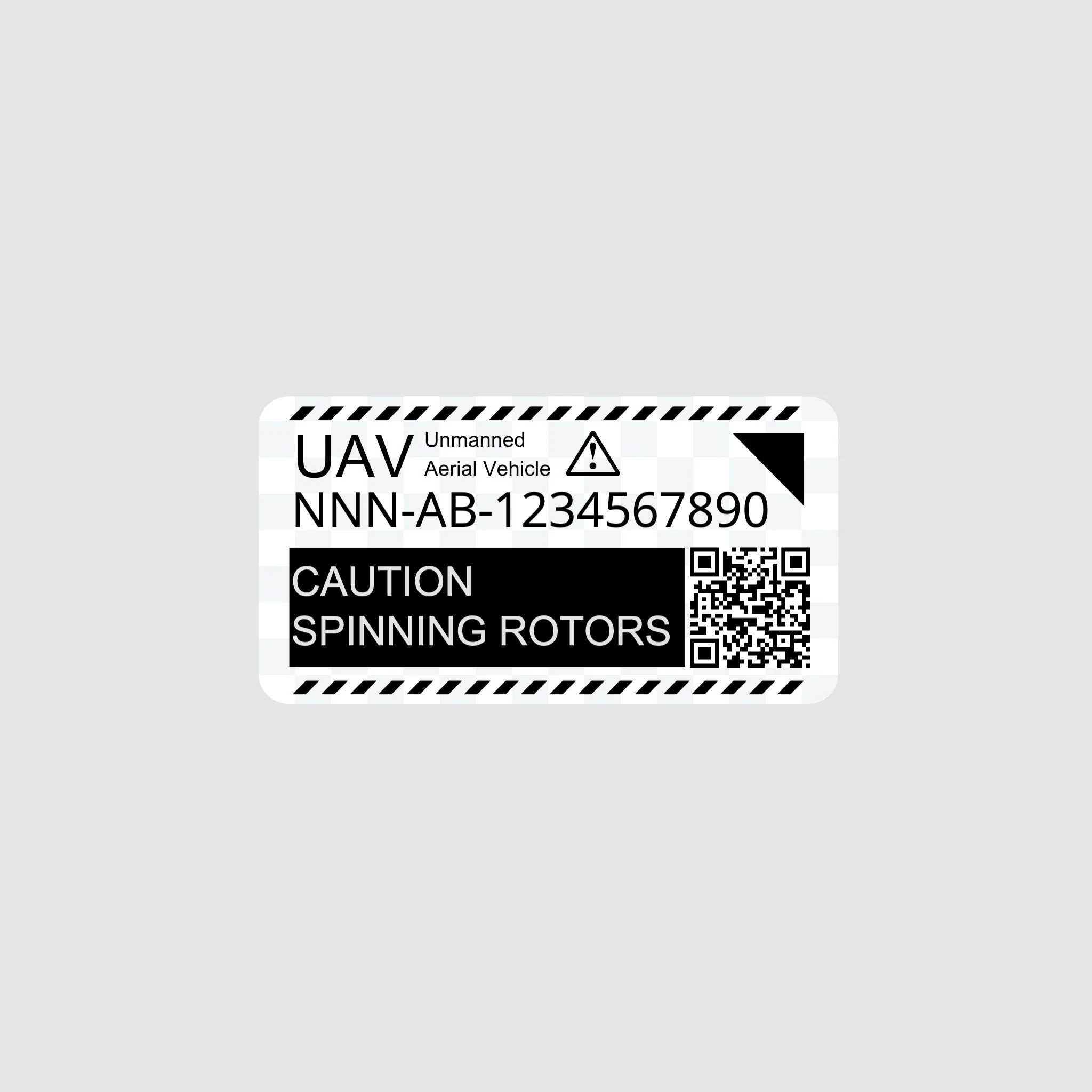 UAV label with warning text and QR code on a gray background